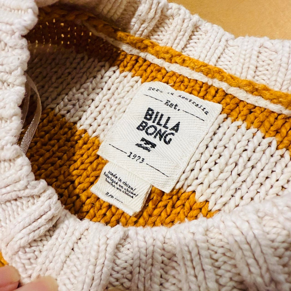 Billabong Striped Cropped Sweater Small Yellow Cream Chunky Knit Beachy - Picture 9 of 12